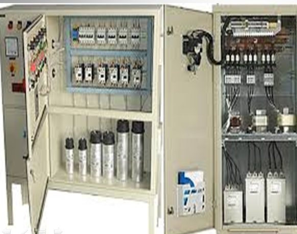 APFC capacitor panel with doors open showing capacitor stages and contactors, FutureTech Electricals Faridabad