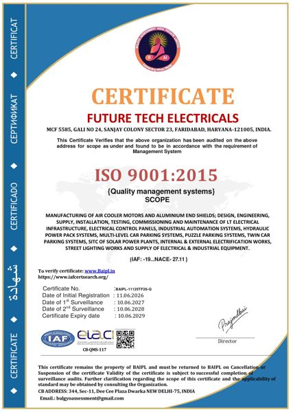 ISO 9001:2015 certificate of Future Tech Electricals Faridabad, certificate number BAIPL-11125TF26-Q